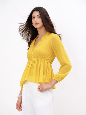 Yellow Frill Neck Peplum Top-SASSAFRAS