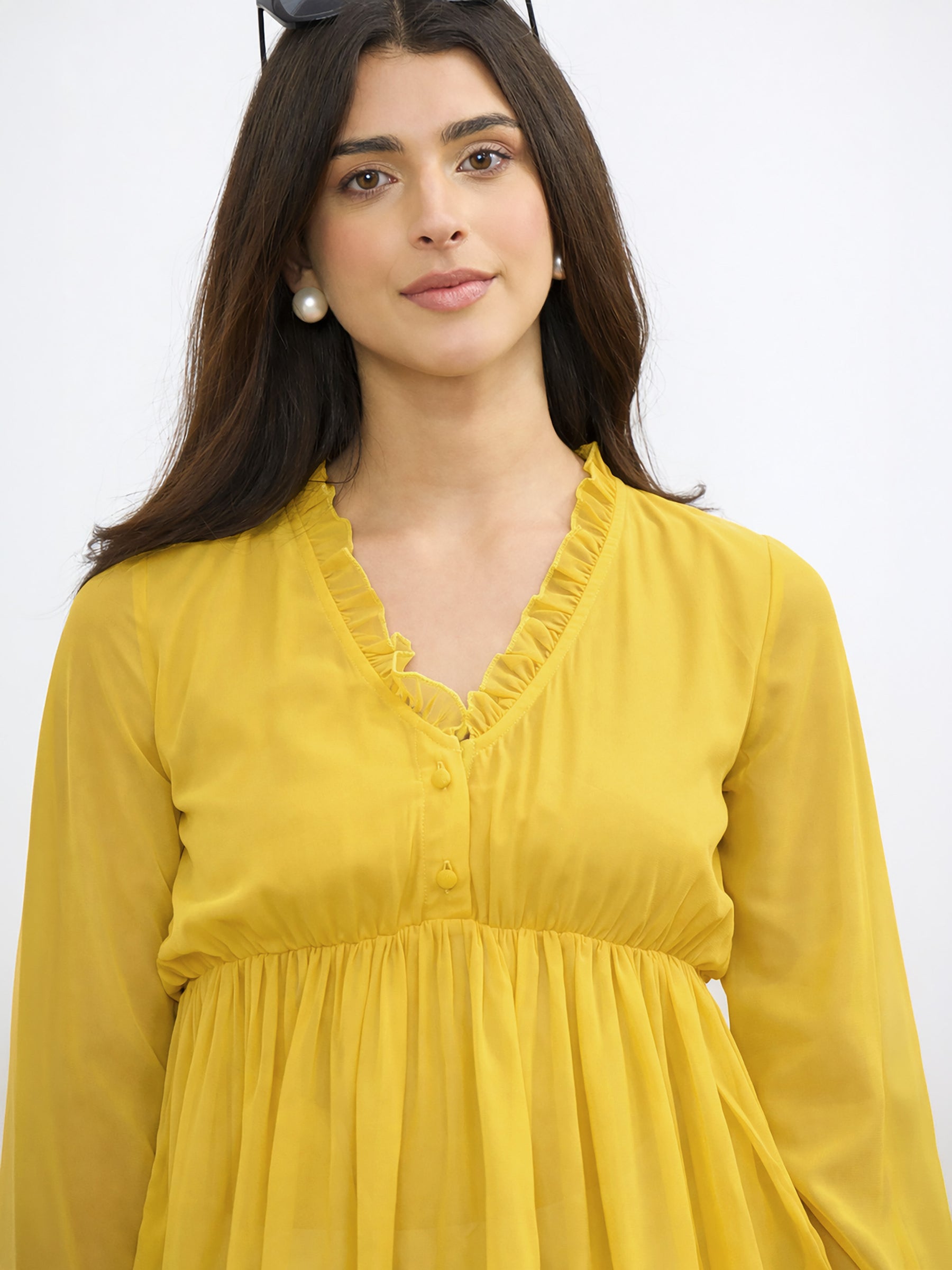 Yellow Frill Neck Peplum Top-SASSAFRAS