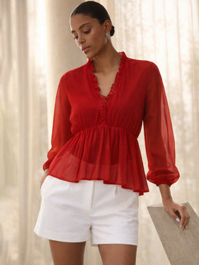 Red Frill Neck Peplum Top-SASSAFRAS
