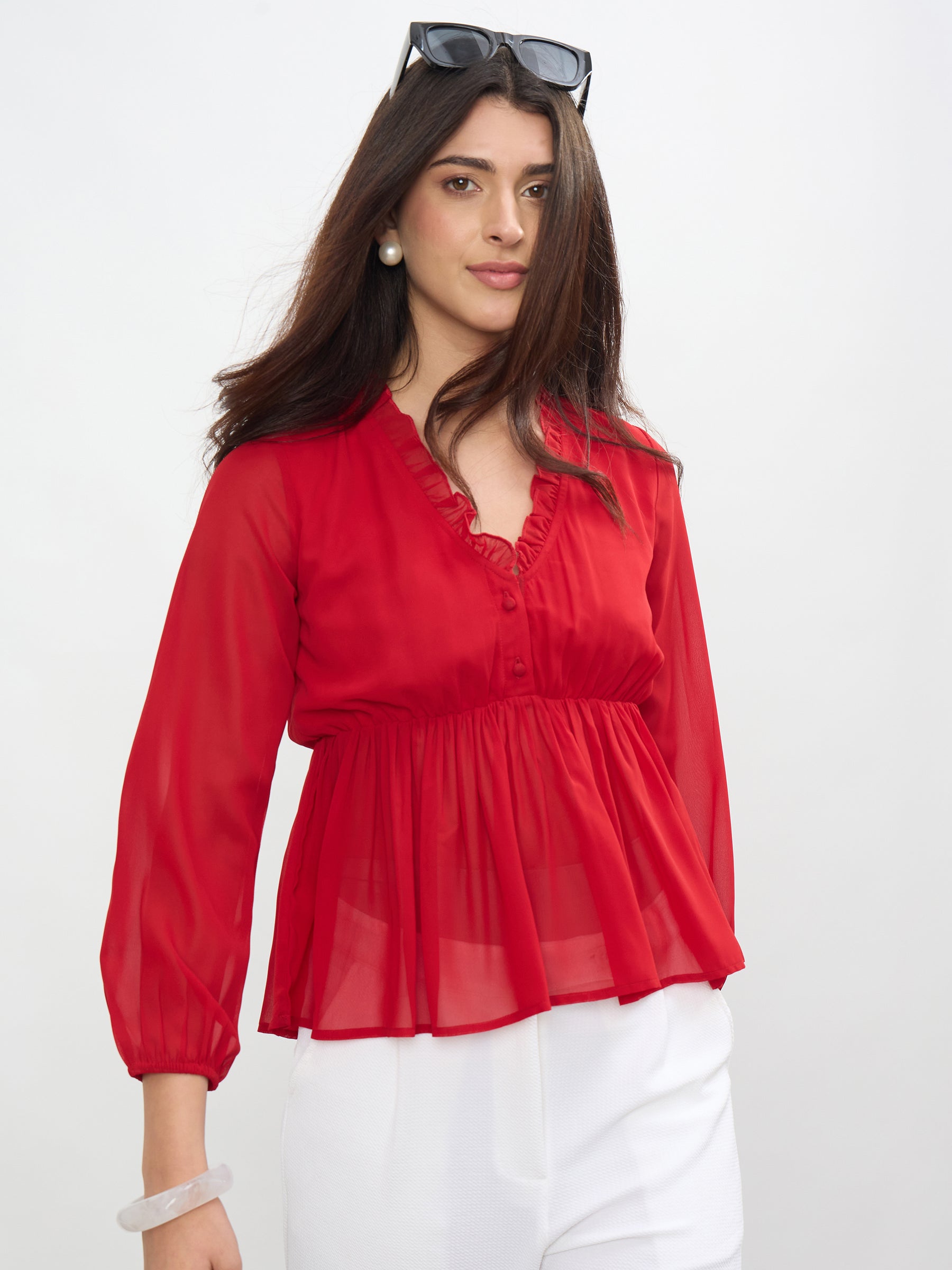 Red Frill Neck Peplum Top-SASSAFRAS