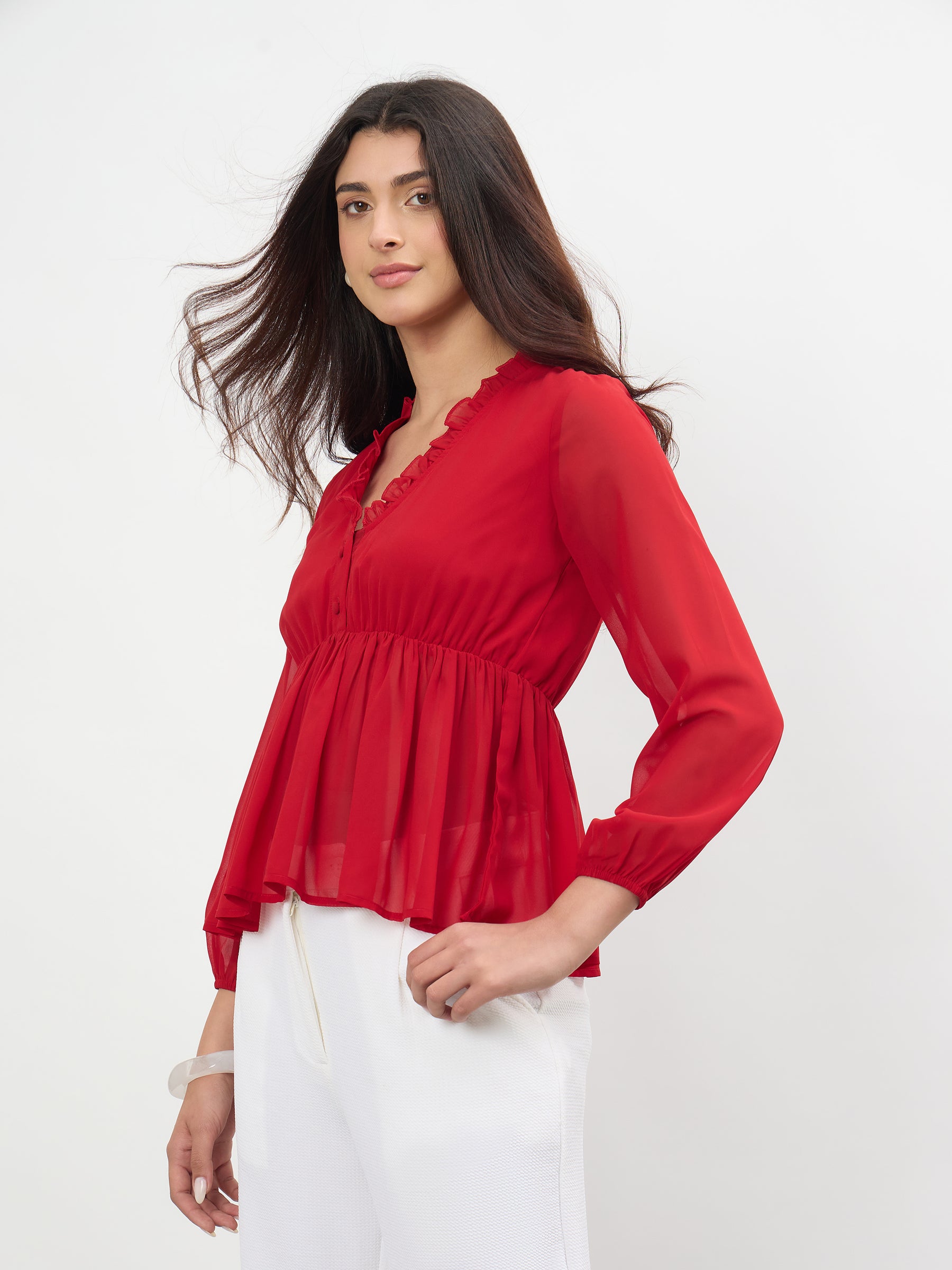 Red Frill Neck Peplum Top-SASSAFRAS