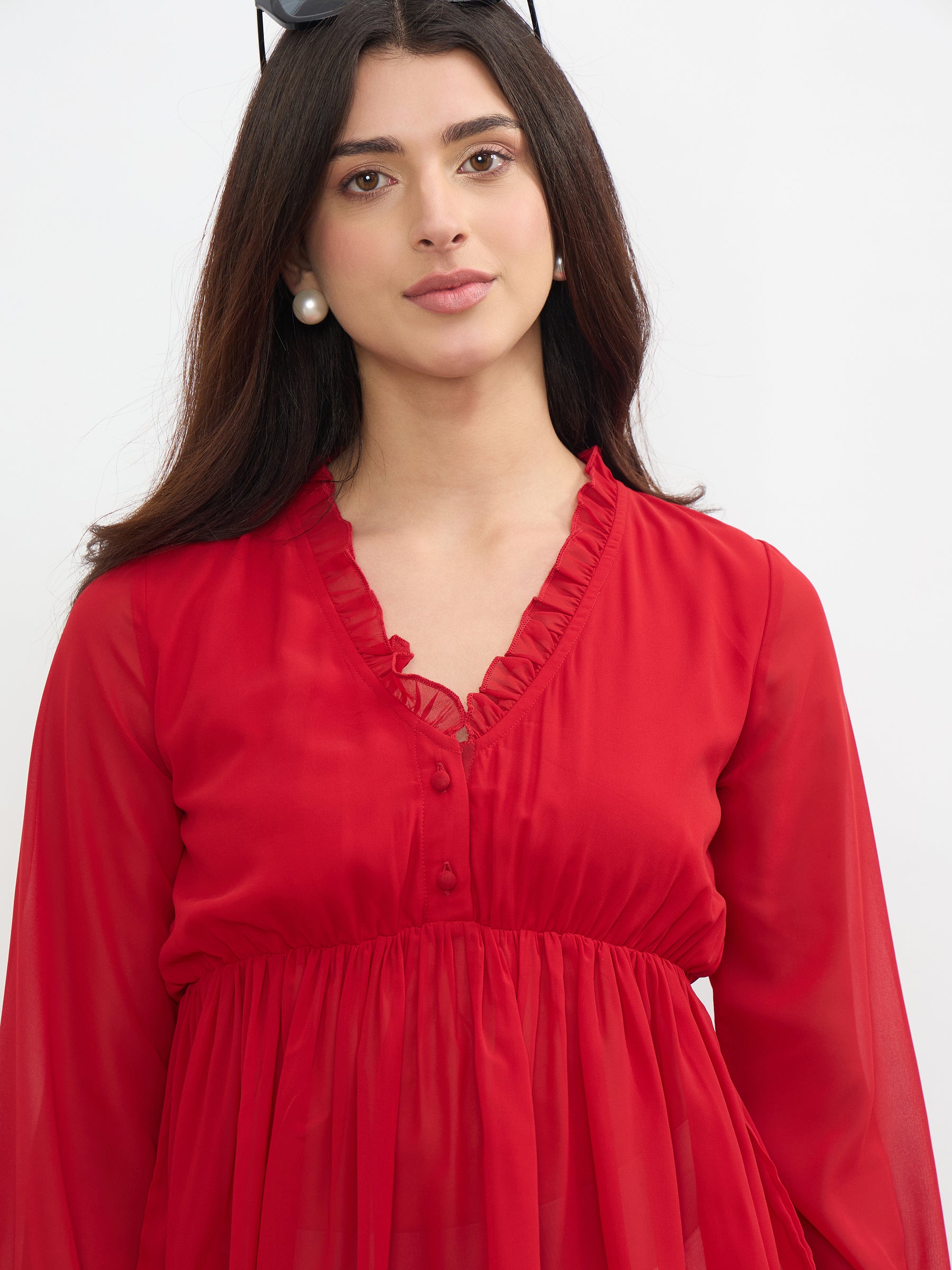 Red Frill Neck Peplum Top-SASSAFRAS