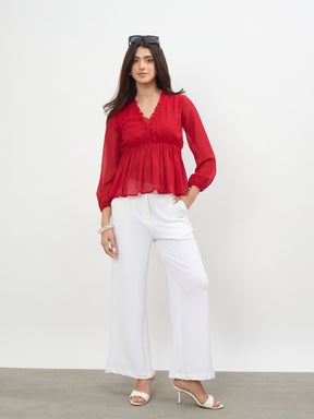 Red Frill Neck Peplum Top-SASSAFRAS