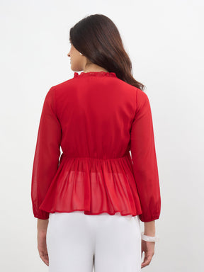 Women Red Frill Neck Peplum Top