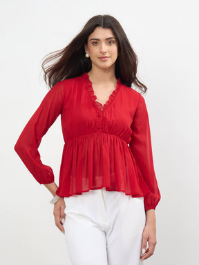 Women Red Frill Neck Peplum Top