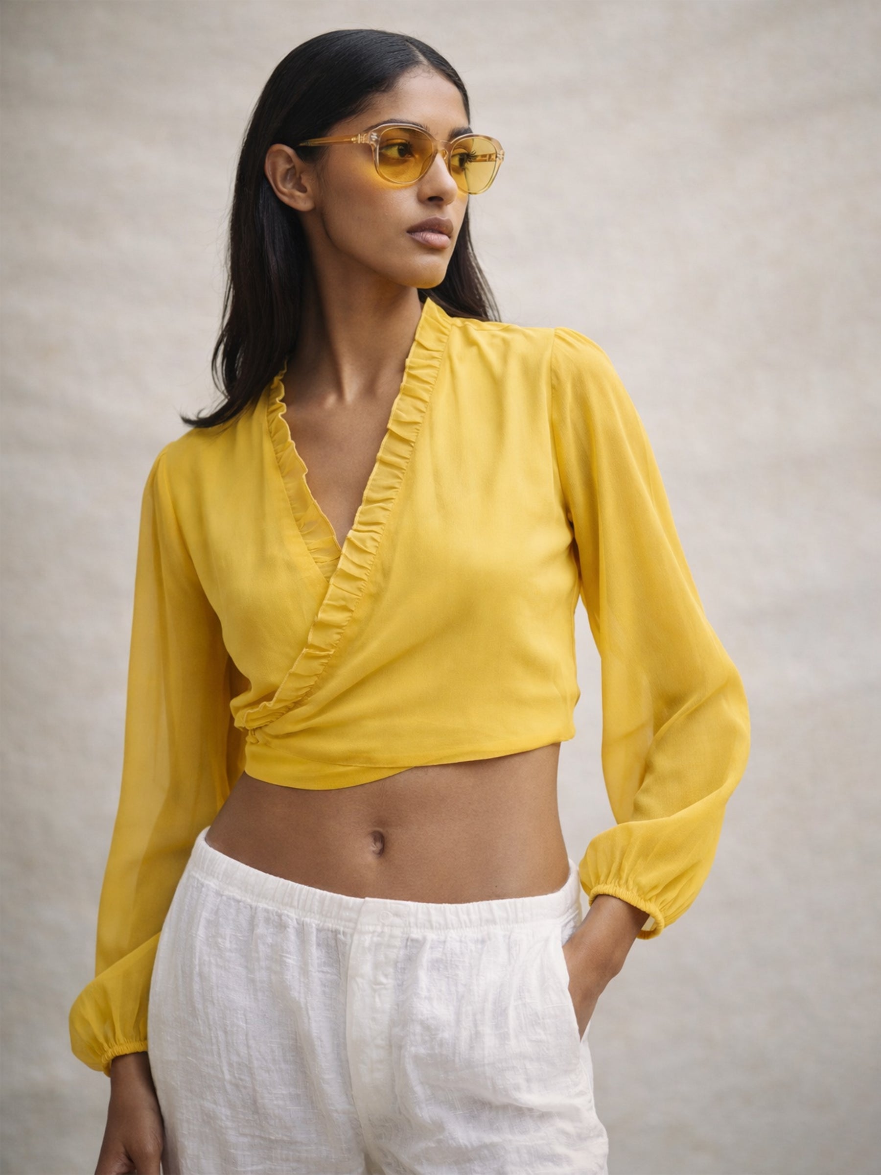 Yellow Frill Detail Wrap Top-SASSAFRAS