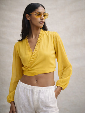 Yellow Frill Detail Wrap Top-SASSAFRAS