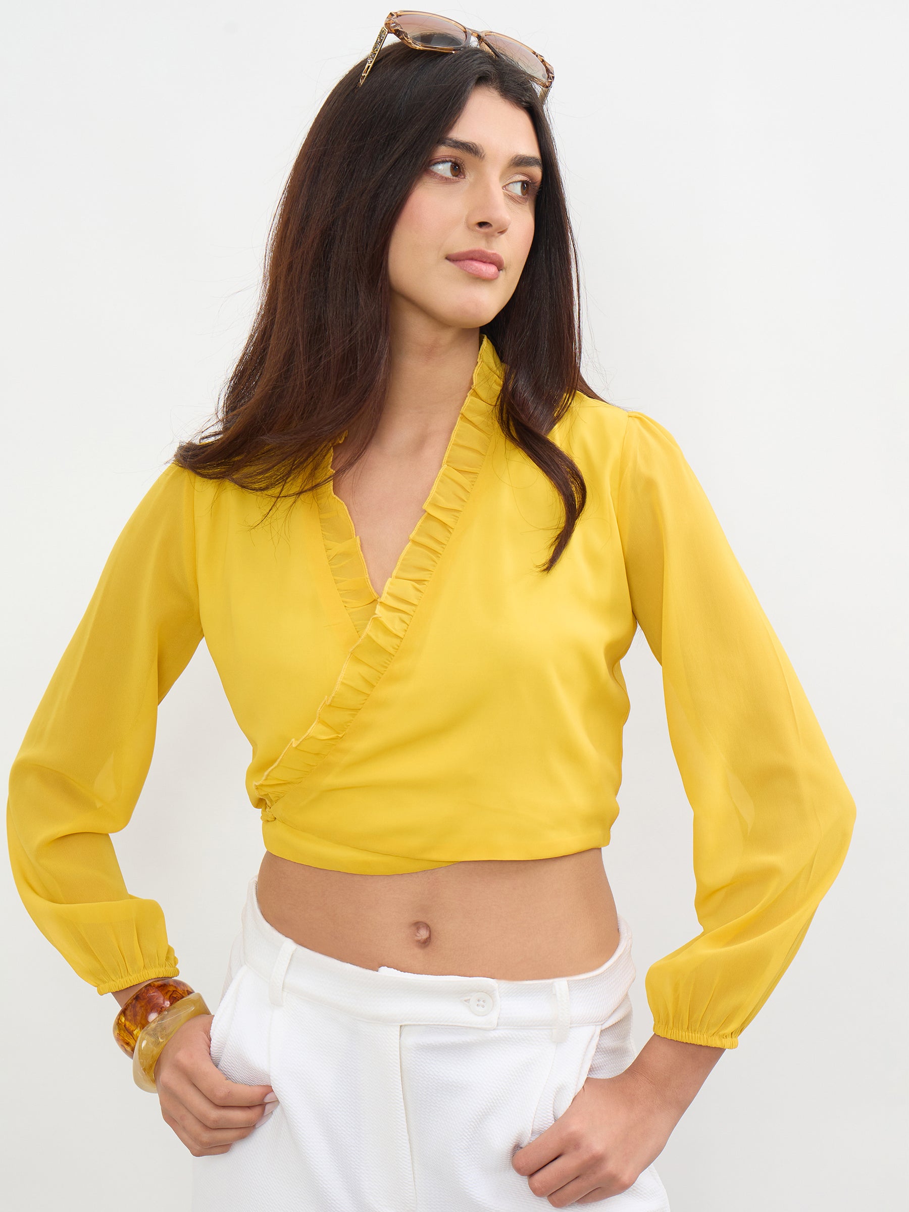 Yellow Frill Detail Wrap Top-SASSAFRAS