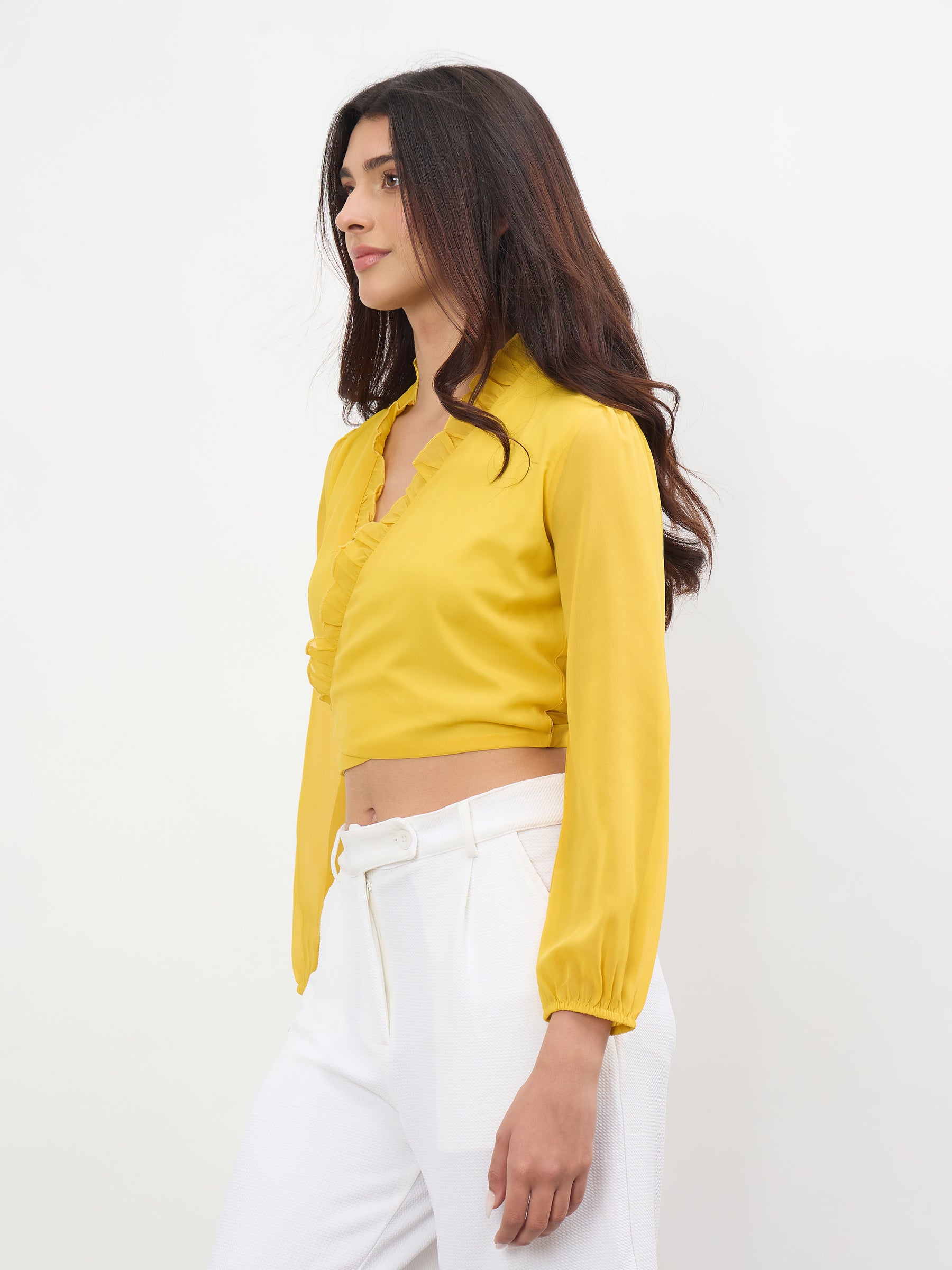 Yellow Frill Detail Wrap Top-SASSAFRAS