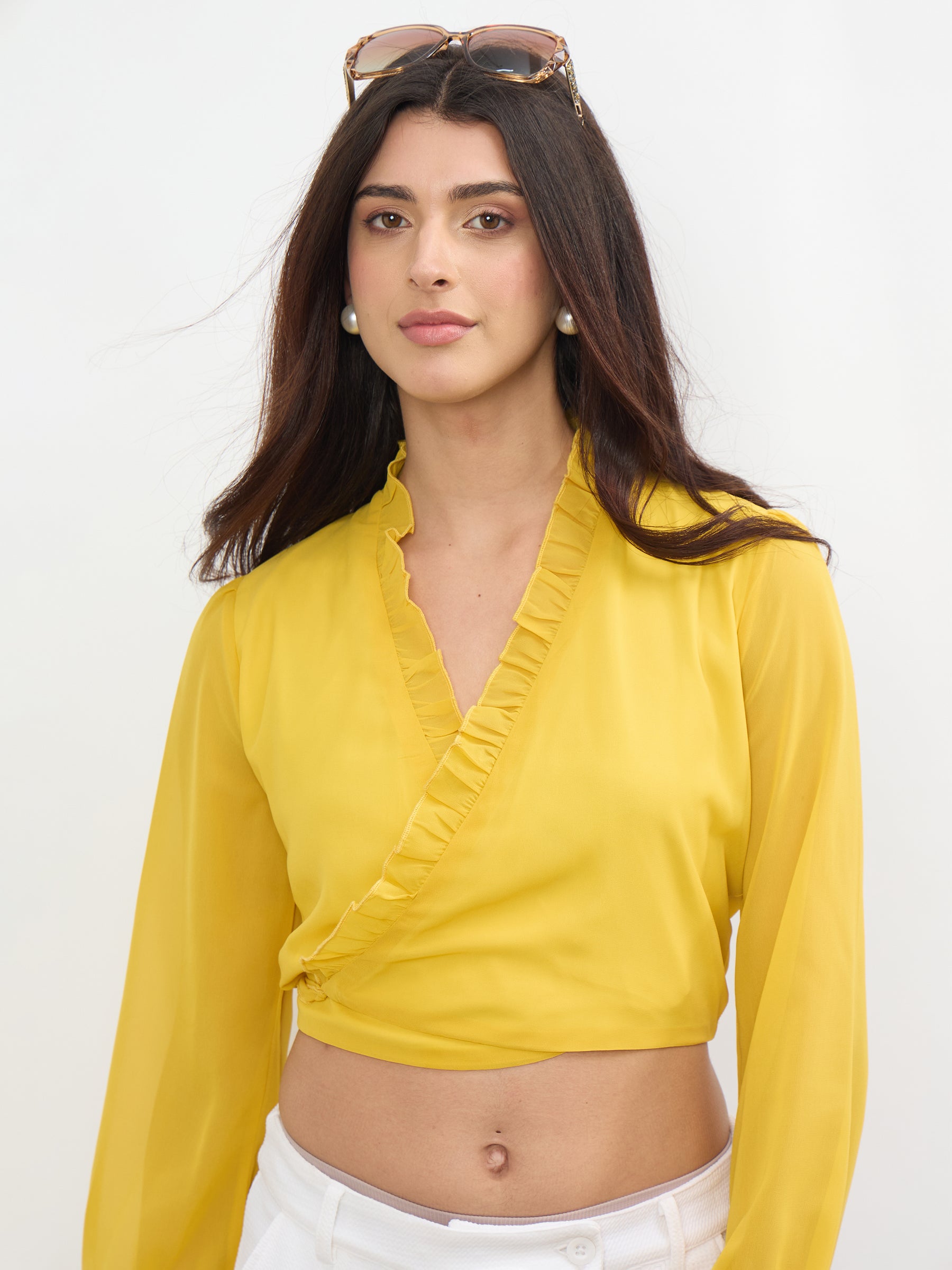 Yellow Frill Detail Wrap Top-SASSAFRAS