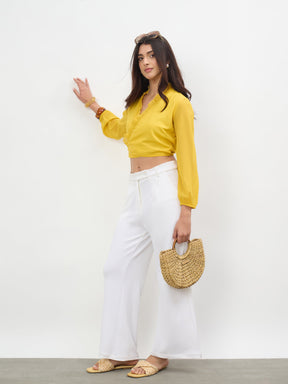 Women Yellow Frill Detail Wrap Top