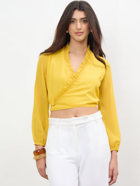 Women Yellow Frill Detail Wrap Top