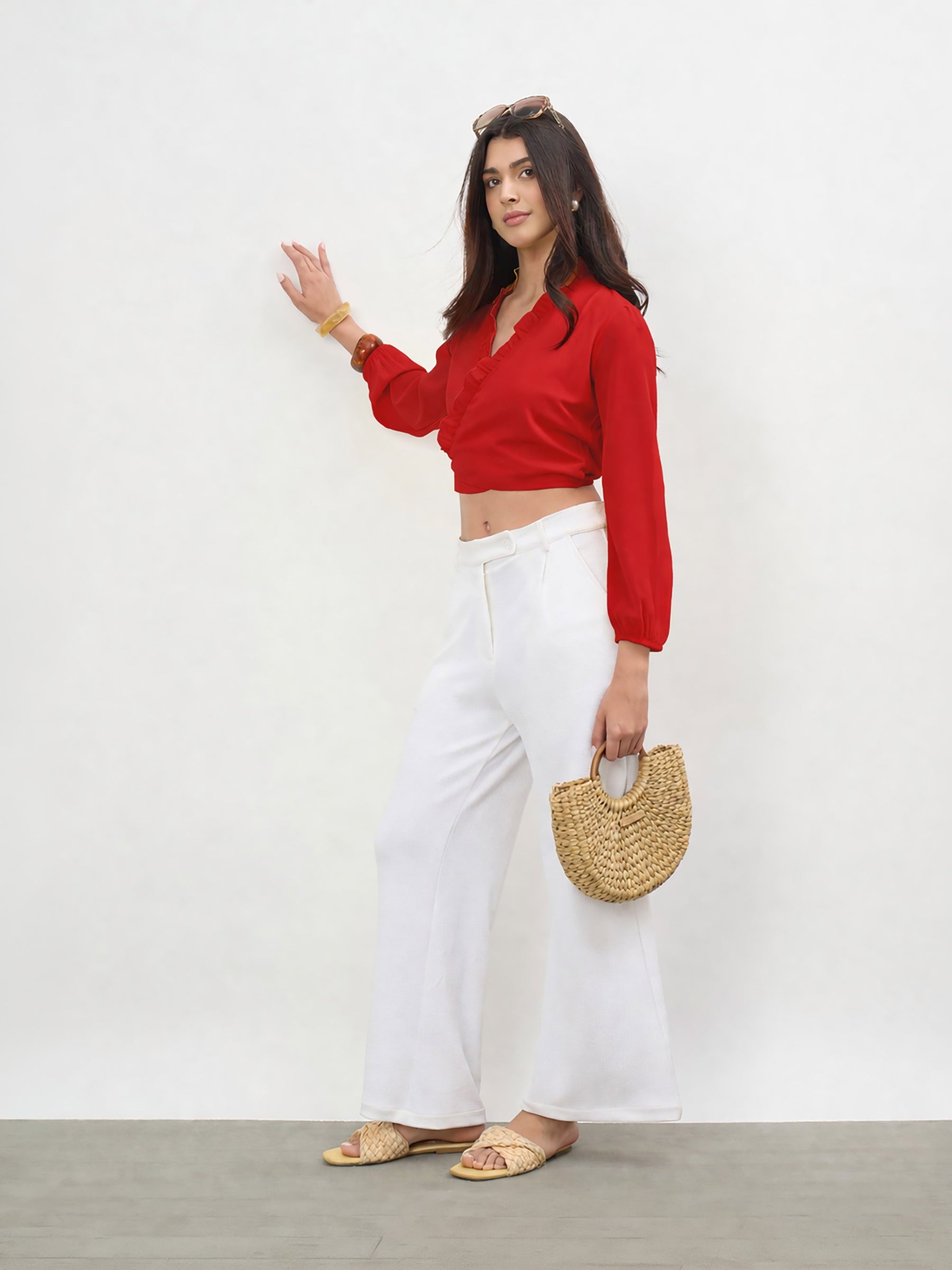 Red Frill Detail Wrap Top-SASSAFRAS