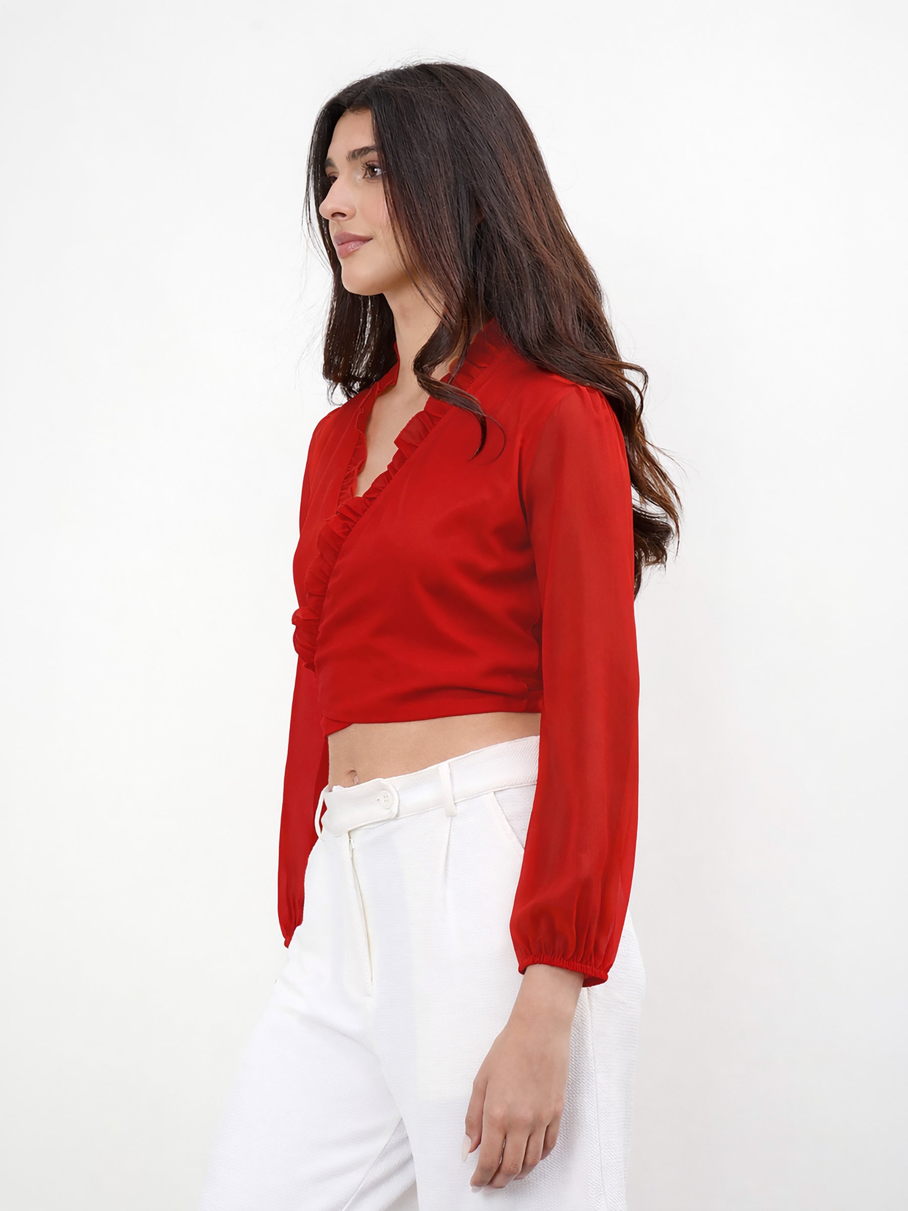 Red Frill Detail Wrap Top-SASSAFRAS
