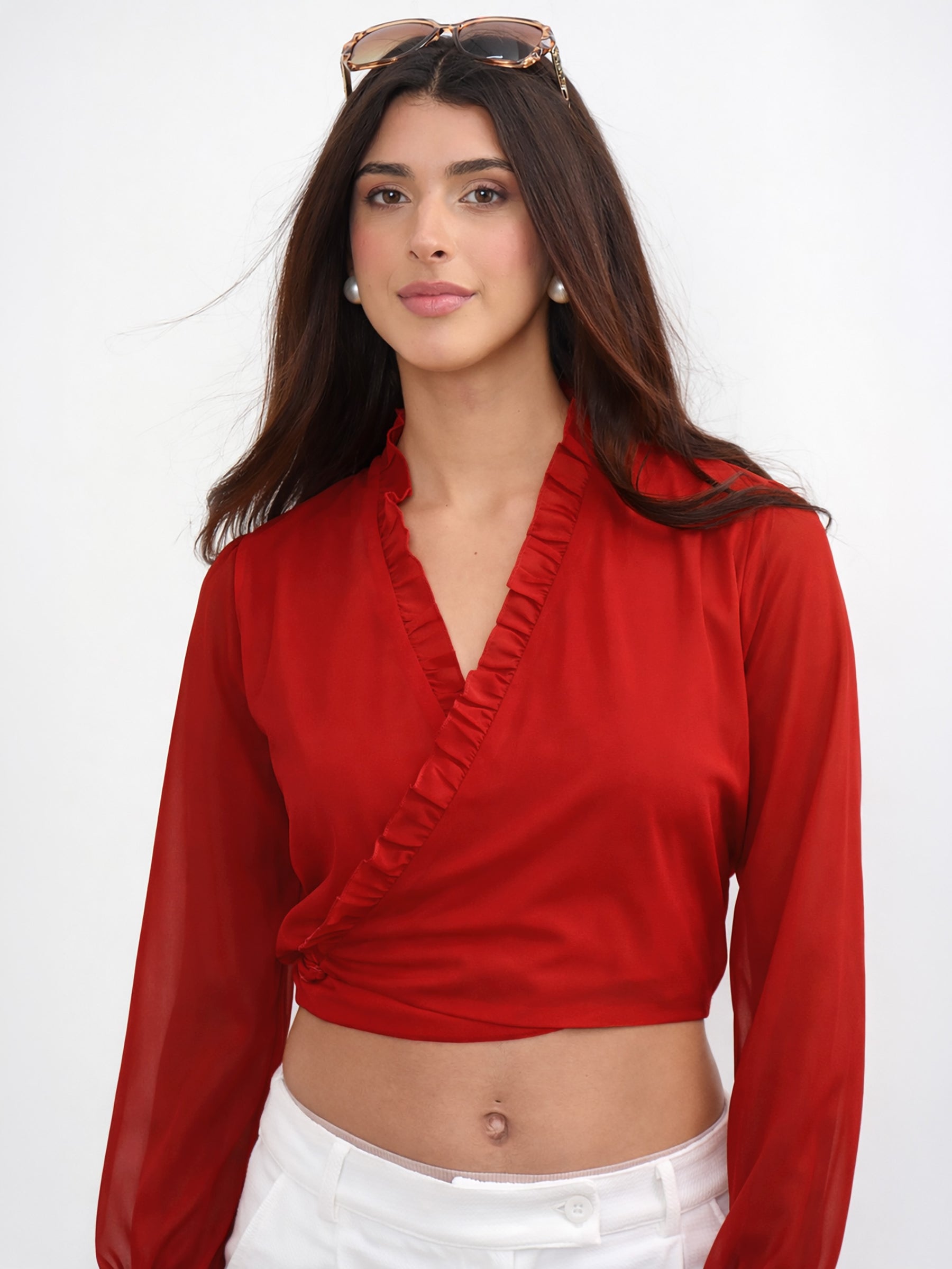 Red Frill Detail Wrap Top-SASSAFRAS