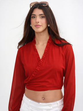 Red Frill Detail Wrap Top-SASSAFRAS