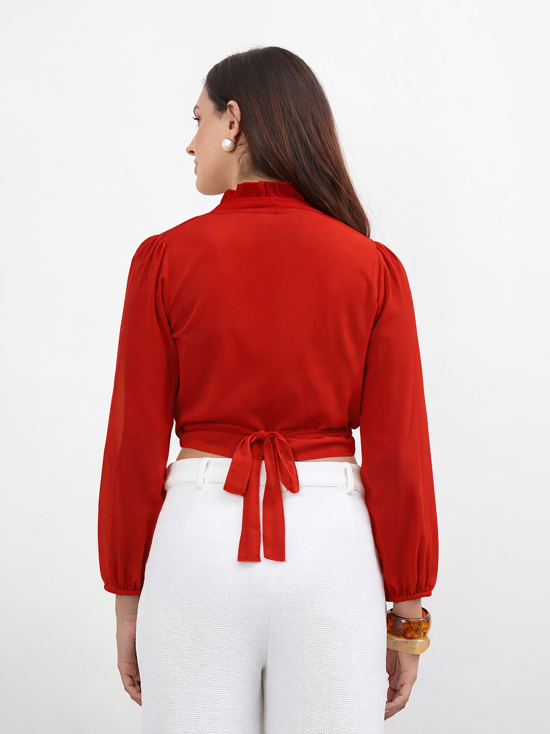 Women Red Frill Detail Wrap Top