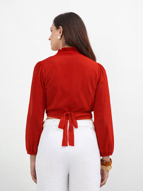 Women Red Frill Detail Wrap Top