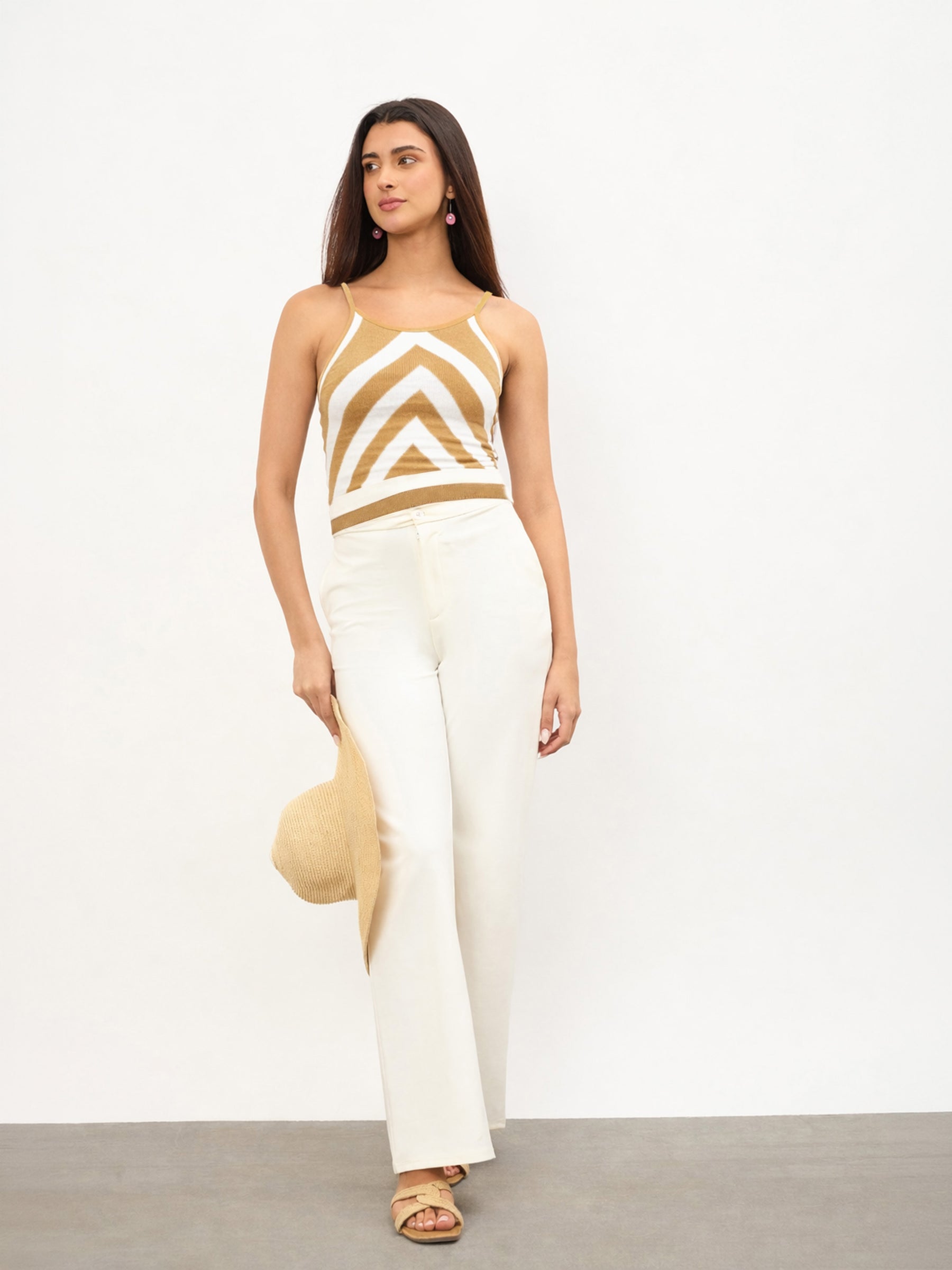 Women Beige & White Strappy Regular Top