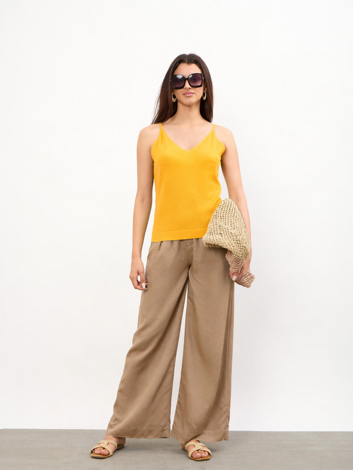 Yellow V-Neck Regular Strappy Top-SASSAFRAS