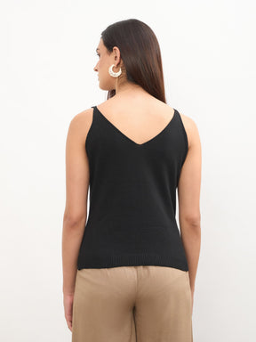 Women Black V-Neck Regular Strappy Top
