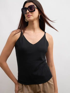 Women Black V-Neck Regular Strappy Top