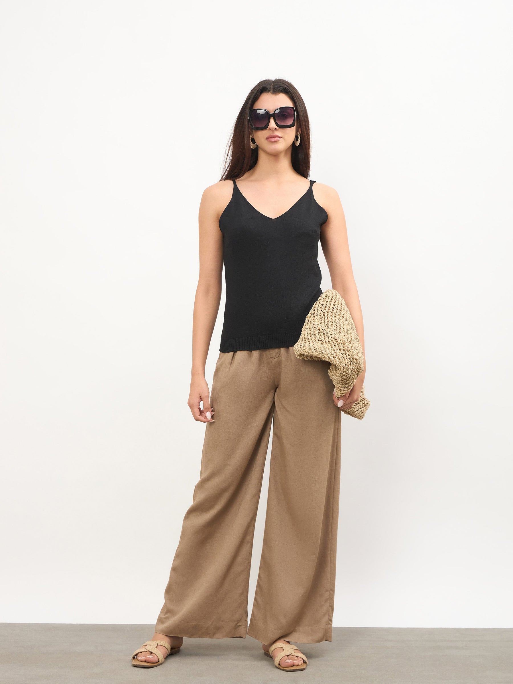 Women Black V-Neck Regular Strappy Top