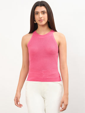 Pink Crochet Halter Neck Regular Top -SASSAFRAS