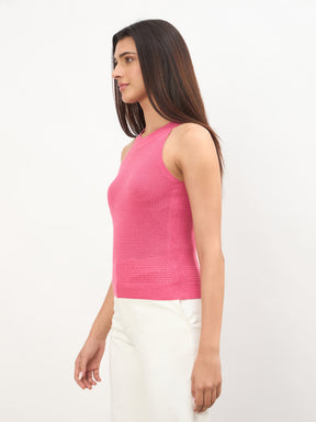 Pink Crochet Halter Neck Regular Top -SASSAFRAS