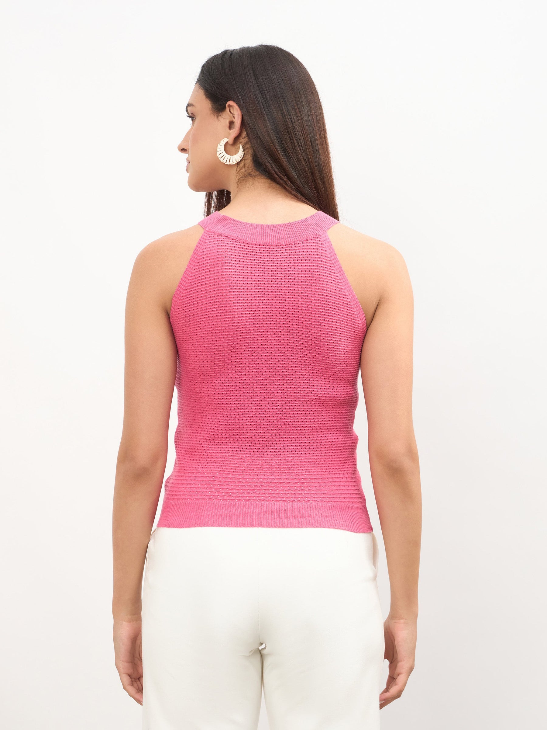 Women Pink Crochet Halter Neck Regular Top