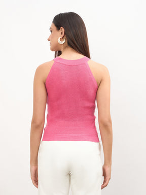 Women Pink Crochet Halter Neck Regular Top