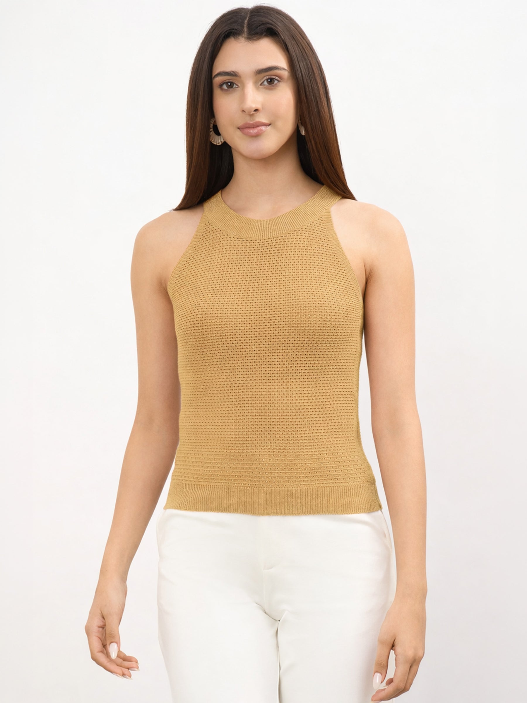 Beige Crochet Halter Neck Regular Top -SASSAFRAS