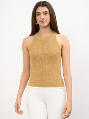 Beige Crochet Halter Neck Regular Top -SASSAFRAS
