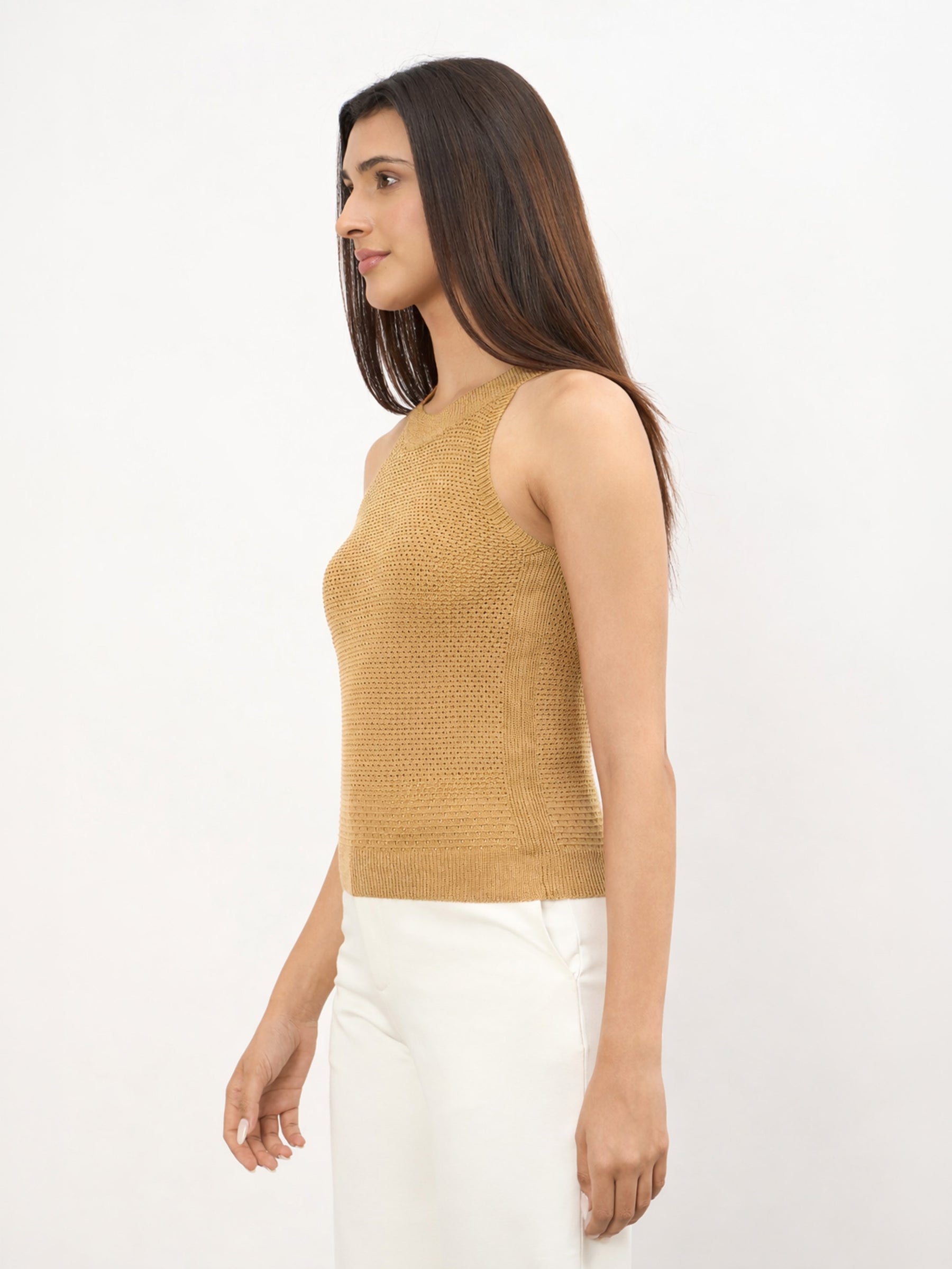 Beige Crochet Halter Neck Regular Top -SASSAFRAS