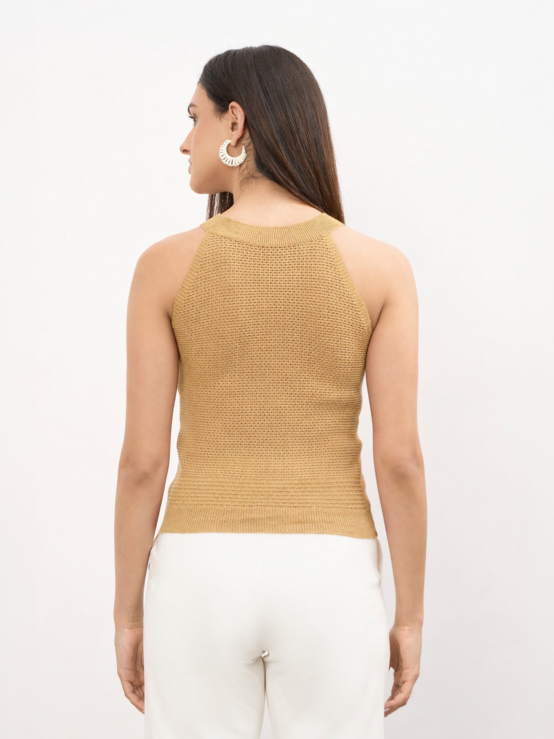 Women Beige Crochet Halter Neck Regular Top