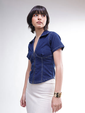 Navy V-Neck Front Zipper Top-SASSAFRAS