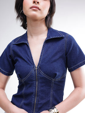 Navy V-Neck Front Zipper Top-SASSAFRAS