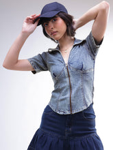 Blue Blast V-Neck Front Zipper Top-SASSAFRAS