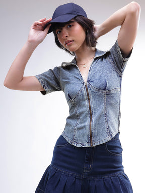 Blue Blast V-Neck Front Zipper Top-SASSAFRAS