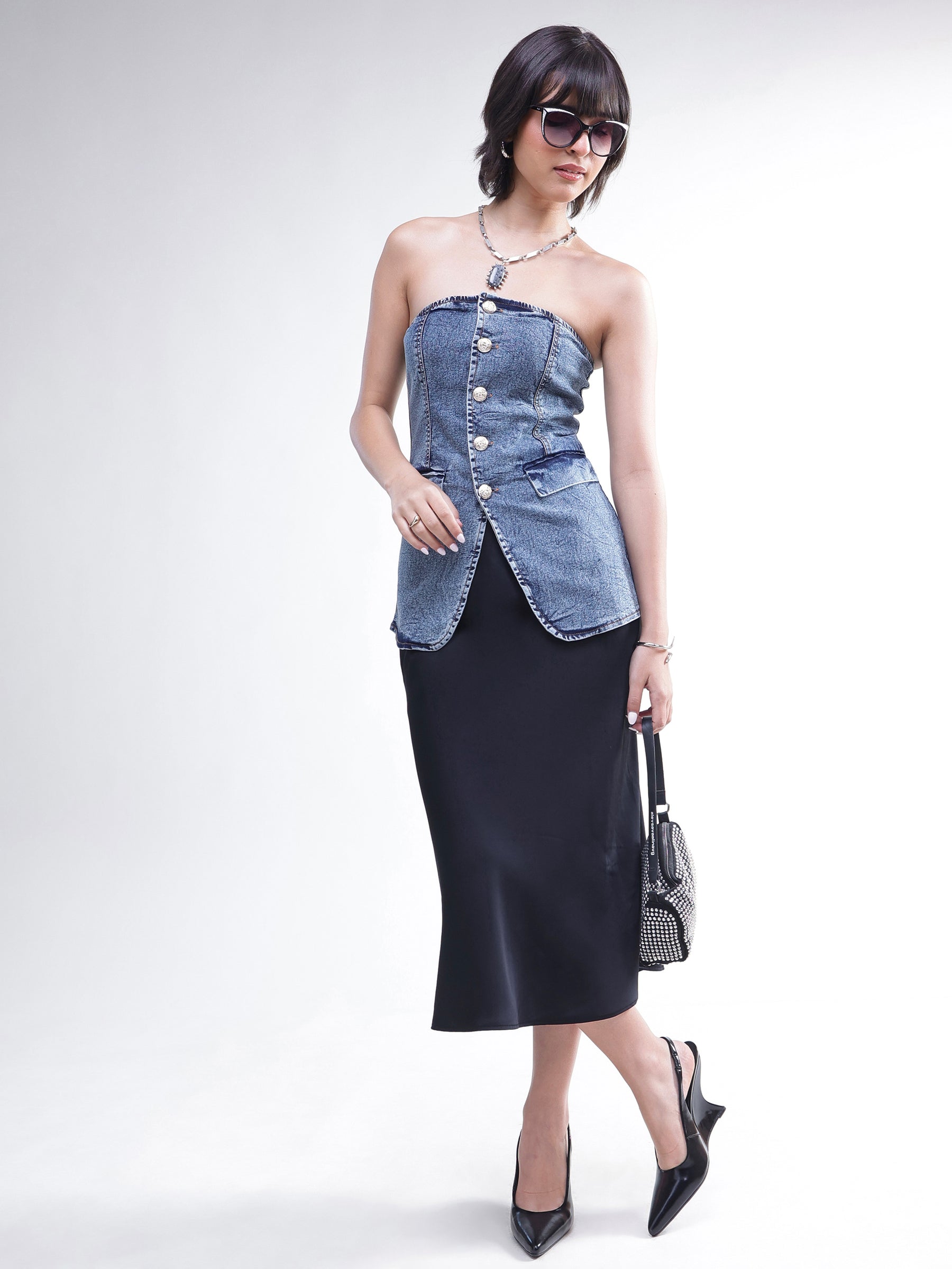 Blue Wash Denim Button Down Tube Top -SASSAFRAS