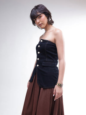 Black Denim Button Down Tube Top -SASSAFRAS
