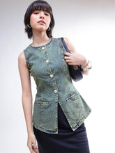 Green Washed Denim Sleeveless Waistcoat -SASSAFRAS