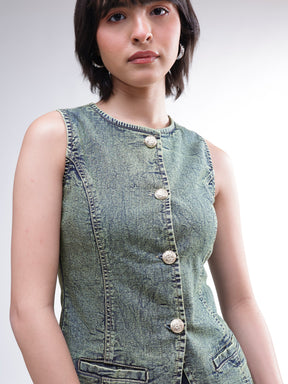 Green Washed Denim Sleeveless Waistcoat -SASSAFRAS