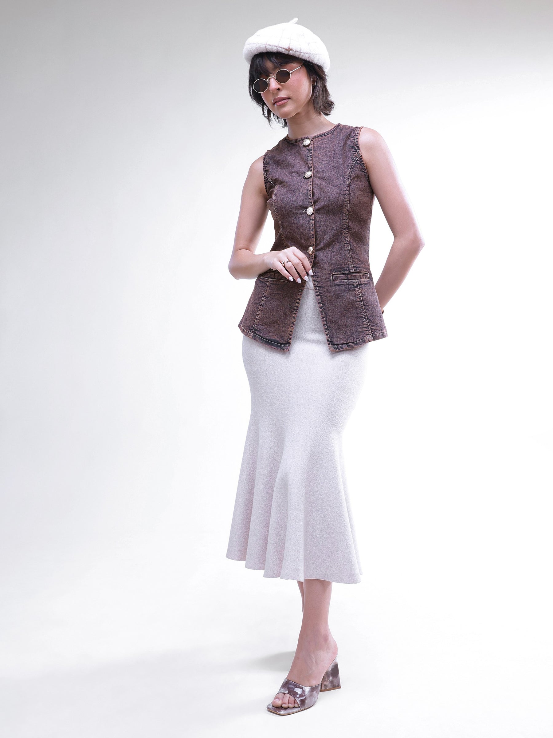 Brown Washed Denim Sleeveless Waistcoat-SASSAFRAS