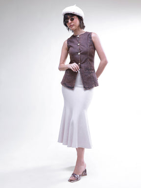 Brown Washed Denim Sleeveless Waistcoat-SASSAFRAS