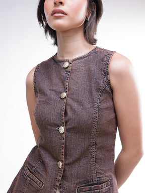 Brown Washed Denim Sleeveless Waistcoat-SASSAFRAS