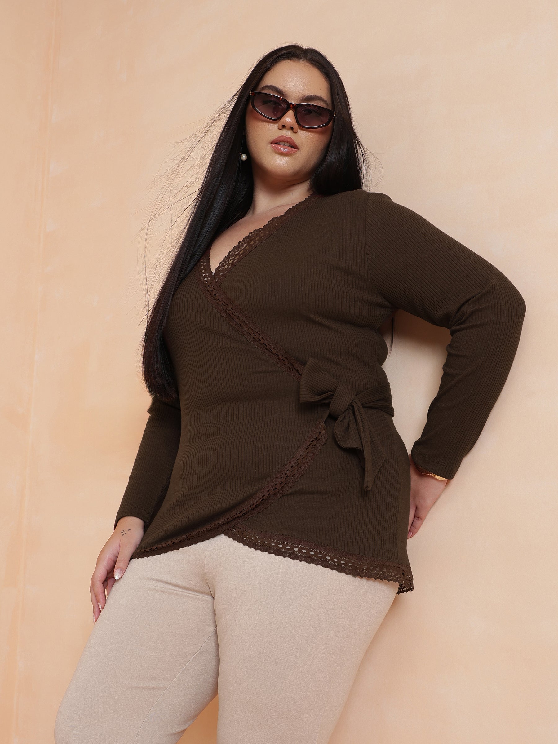 Brown Rib Wrap Top-SASSAFRAS Curve