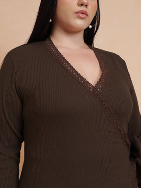 Brown Rib Wrap Top-SASSAFRAS Curve