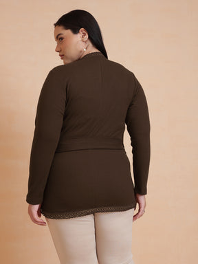 Women Brown Rib Wrap Top