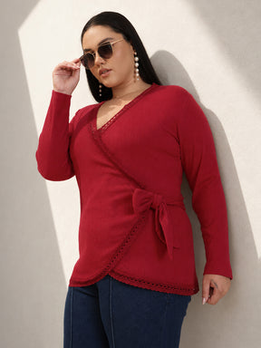 Red Rib Wrap Top-SASSAFRAS Curve